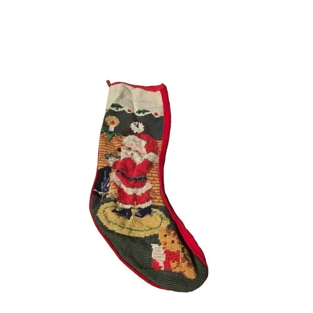 Vintage 1991 Embroidered Christmas Stocking Santa Claus and Elf by Chimney 19”